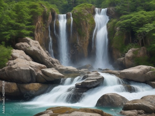 The dynamic energy of a cascading waterfall. Crystal-clear water tumbles down rugged rocks