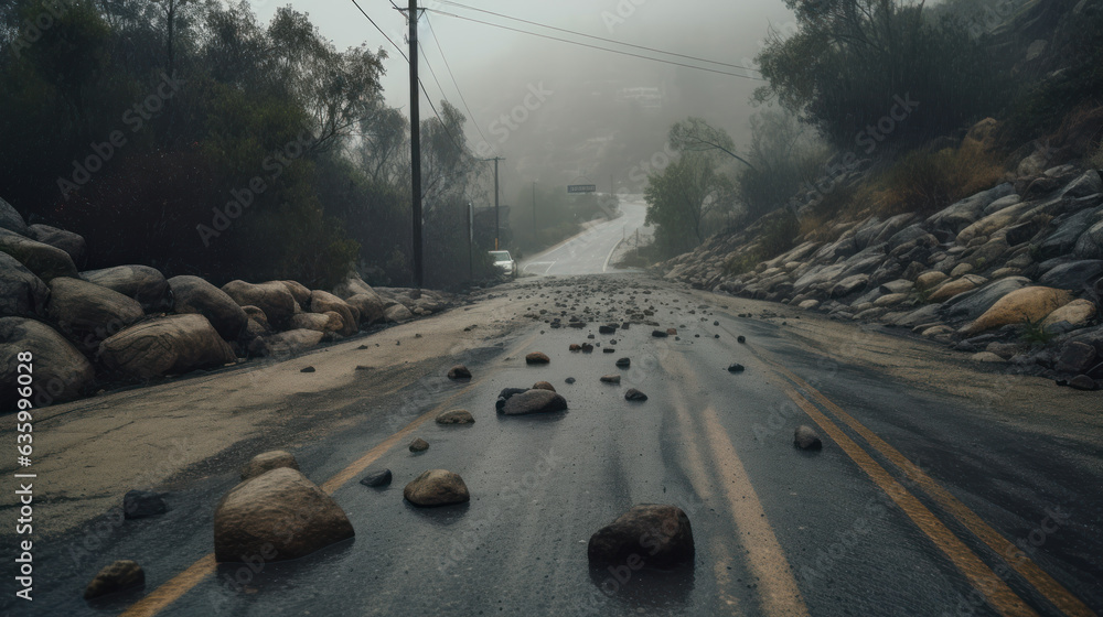 Fototapeta premium Rainy road rockslide blocking traffic lane on Santa Susana Pass Road in the Chatsworth area of Los Angeles, California.