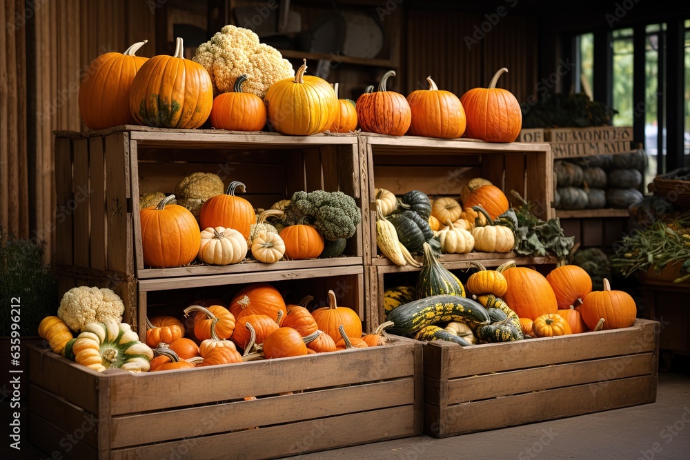 different pumpkins on a wooden counter and in boxes in a rustic shop. healthy natural food