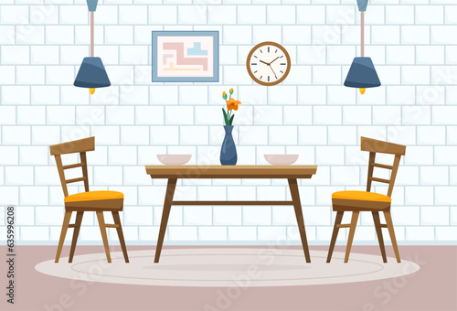 Flat dining room concept with chairs and table. Interior items of cozy modern midcentury kitchen design with flowers and lamps. Vector cartoon illustration with home decor accessories and plates