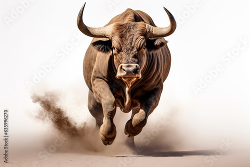 Bull isolated on a white background charging. Animal front view portrait.