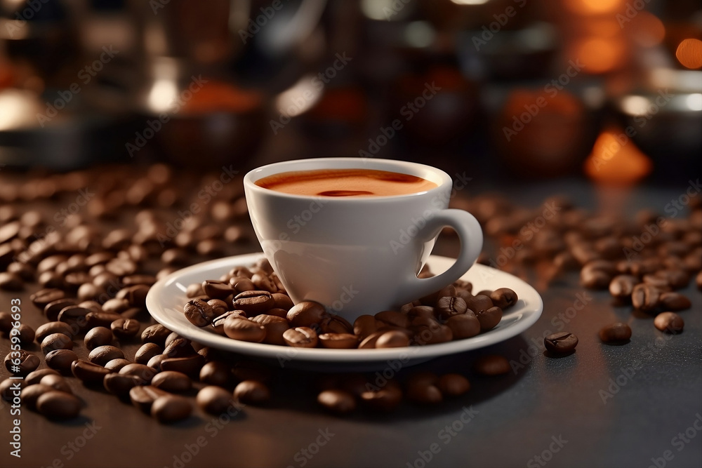 Fototapeta premium Cup of Coffee with Coffee Beans. Generated AI