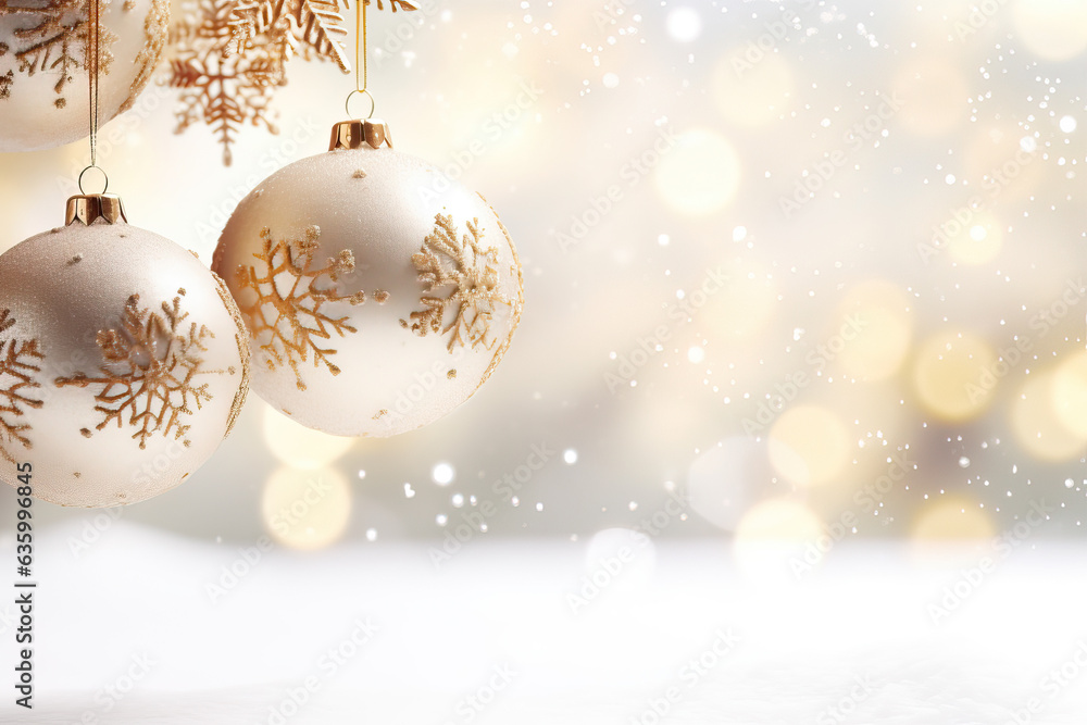 Snowflakes on Gold and White Christmas Ornaments with Bokeh Background. Christmas concept with copy space Snowflakes on Gold and White Christmas Ornaments with Bokeh Background. Christmas concept with copy space