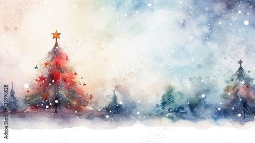 watercolor Christmas Tree With Baubles And Blurred Shiny Lights banner with text space 