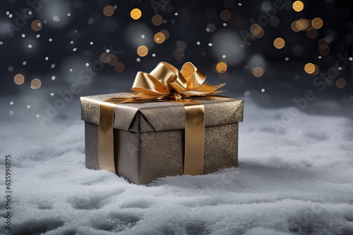 An elegant black gift box adorned with a shimmering gold ribbon and bow, set against a dark, snowy backdrop with snowflakes gently falling around it, conveying a festive or luxurious occasion. © Darya