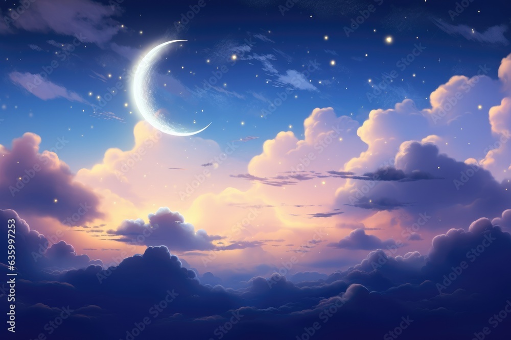 a serene night sky with wispy clouds and a crescent moon shining brightly a serene night sky with wispy clouds and a crescent moon shining brightly