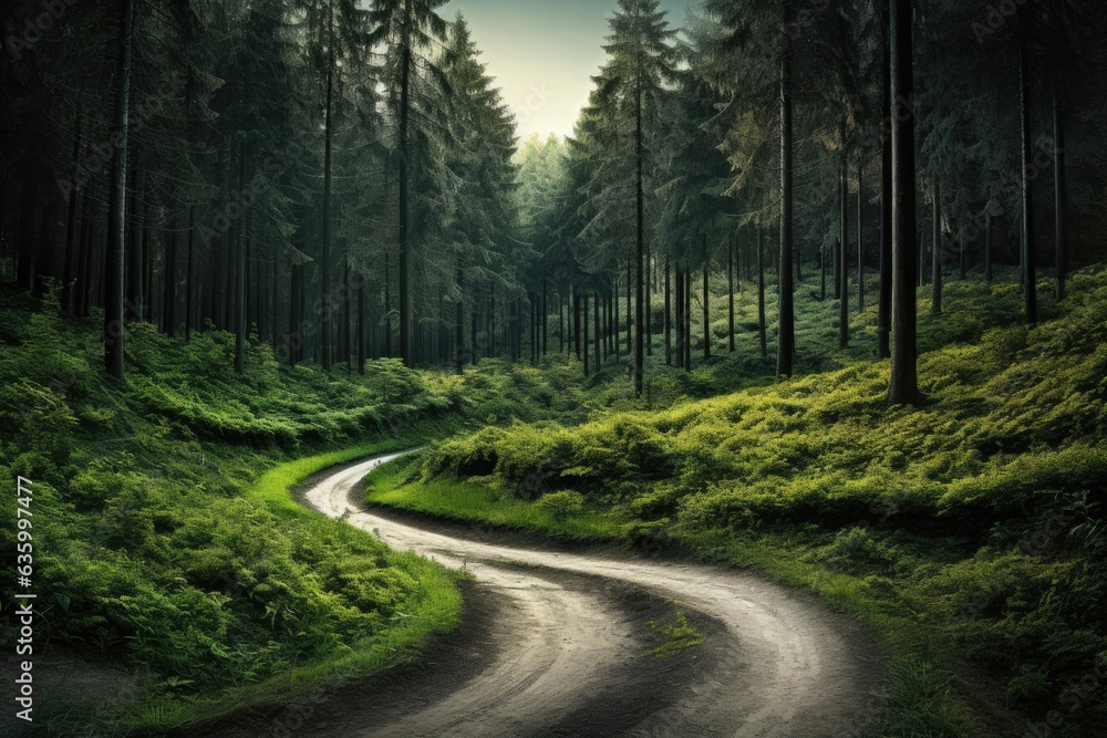 Fototapeta premium a scenic forest road surrounded by vibrant greenery