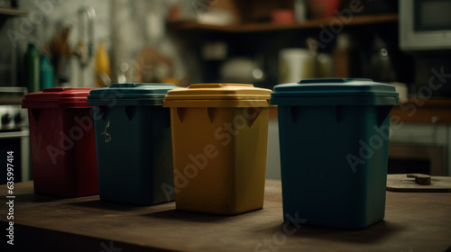 Recycle trash bins in kitchen.