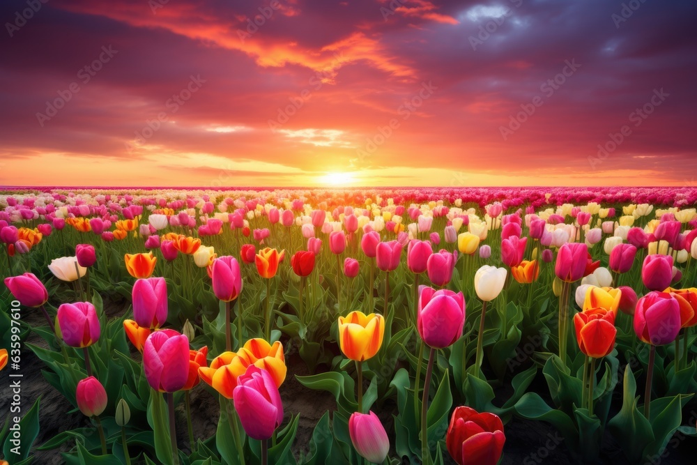 a vibrant tulip field under a cloudy sky