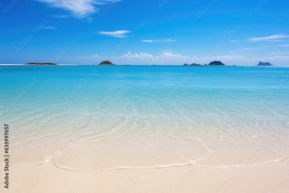 sandy beach with crystal-clear blue water