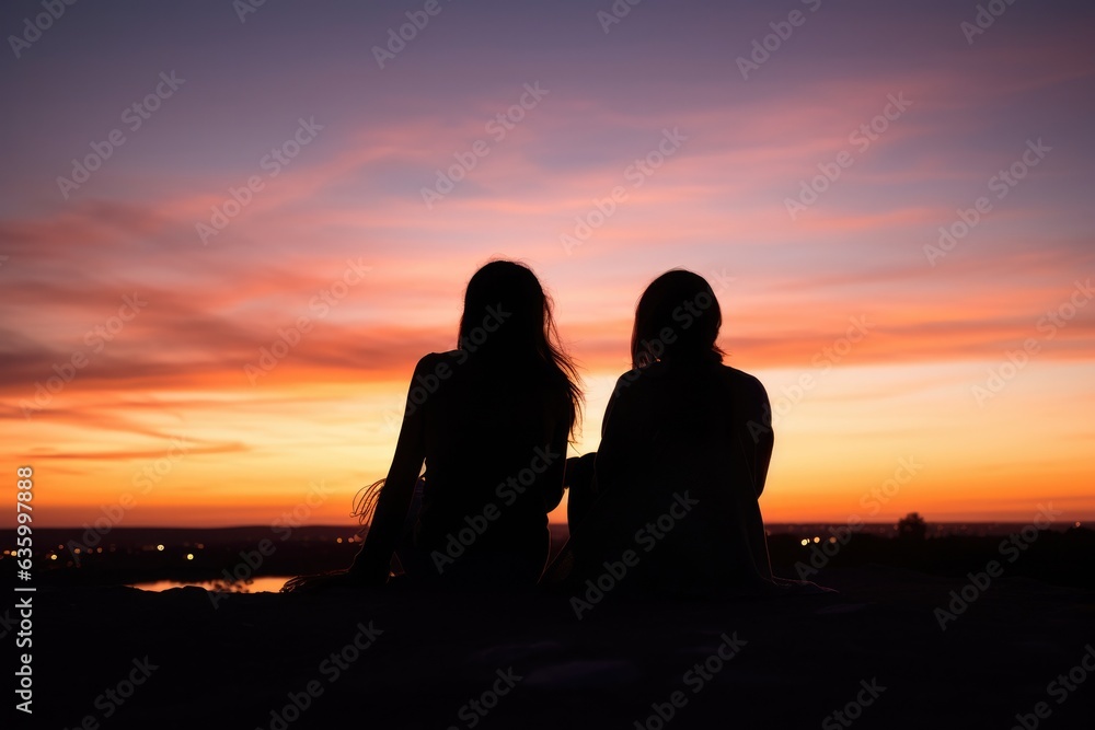 two women, sunset from a hilltop