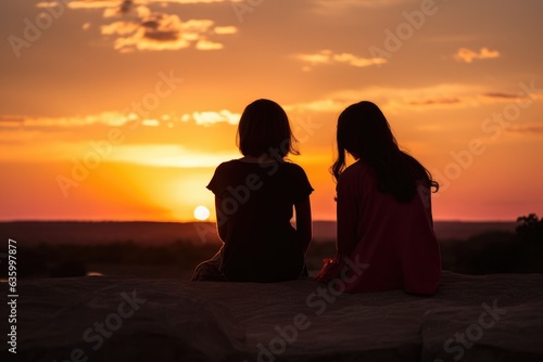 two girls and friends enjoying a beautiful sunset while sitting on a rock