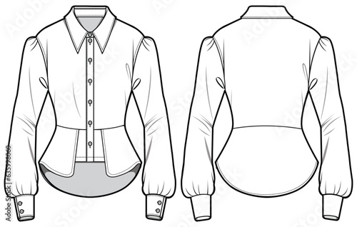 Women's Shirt Blouse flat sketch fashion illustration, Long sleeve curved hem blouse shirt technical drawing vector template