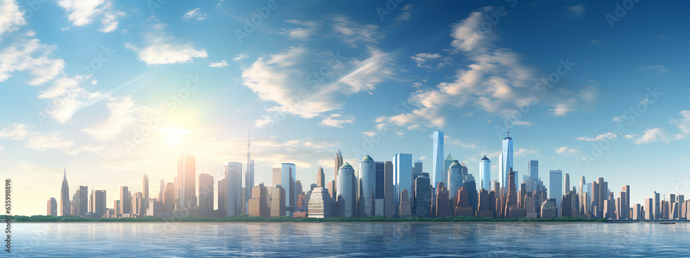 Fototapeta premium Beautiful Panoramic Cityscape behind a blue sky in a sunny day. Landscape city skyline. Generative AI.