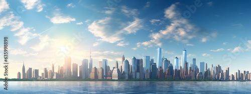 Beautiful Panoramic Cityscape behind a blue sky in a sunny day. Landscape city skyline. Generative AI. © Mauricio
