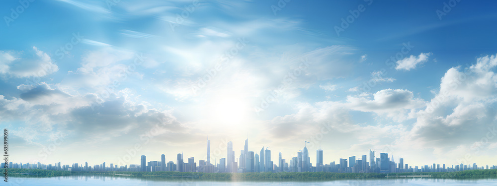Fototapeta premium Beautiful Panoramic Cityscape behind a blue sky in a sunny day. Landscape city skyline. Generative AI.