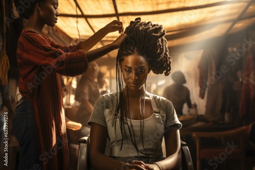 African woman getting her hair braided