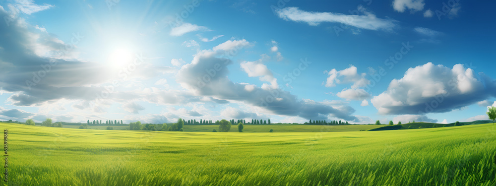 Beautiful Natural Landscape of a grassfield in a sunny day against a blue sky with clouds. Generative AI.