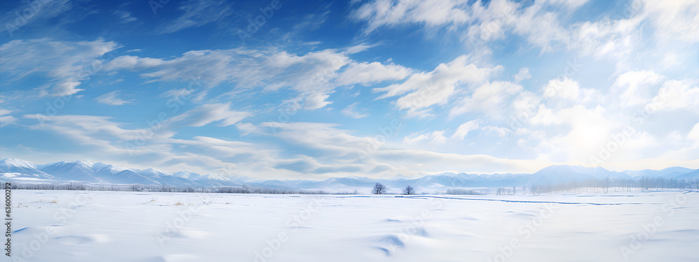 Beautiful Natural Landscape of a Snowfield in a sunny day behind a blue sky with clouds. Generative AI.