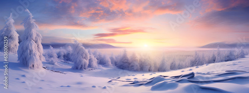 Beautiful Natural Landscape of a Snowfield forest sunset with clouds in winter. Generative AI. © Mauricio