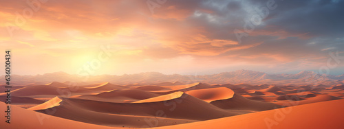 Beautiful Natural Landscape of Sand Dunes in the Derest during sunset with clouds. Generative AI.