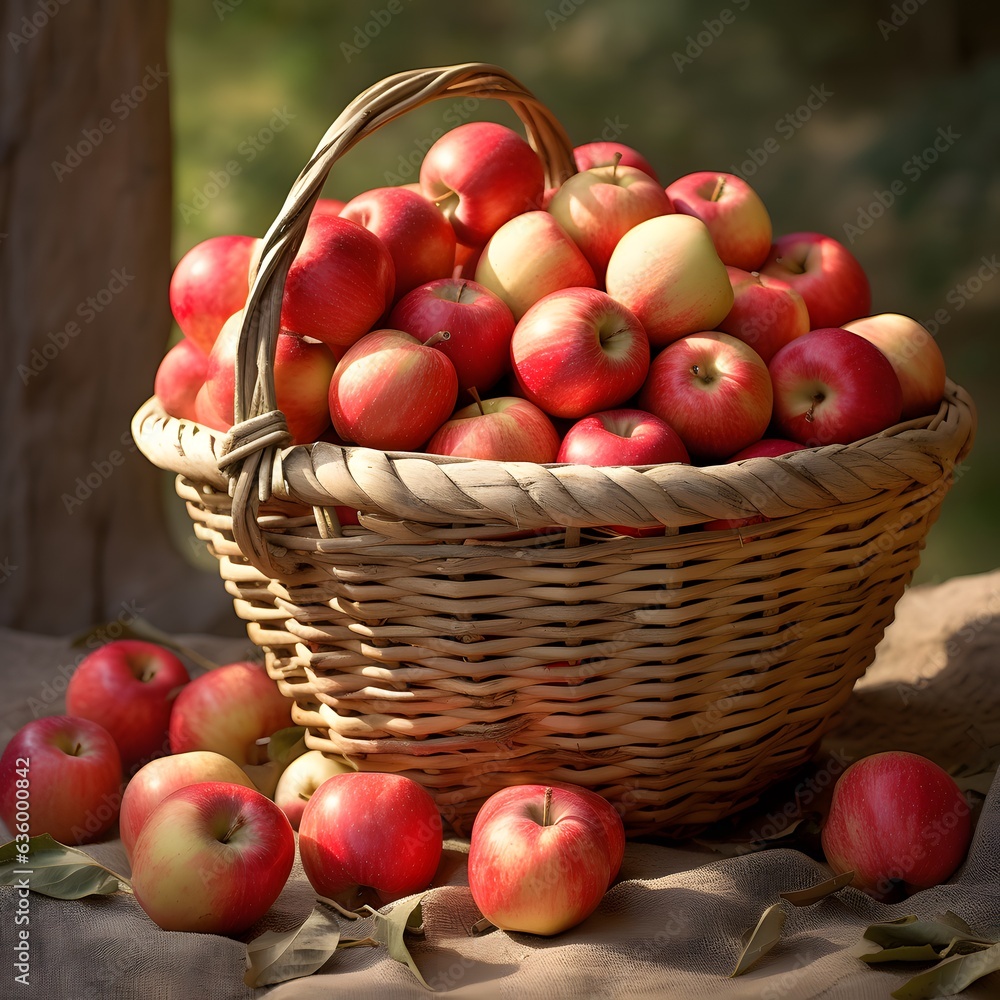 Red apples in a wicker basket on the table in the garden Red apples in a wicker basket on the table in the garden