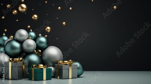 Christmas set decoration and ornament with gifts and balls on isolated green background. created with Generative AI technology