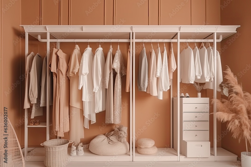 A fashionably organized wardrobe, a varied assortment of clothes hangs easily on hangers in a stylish closet.