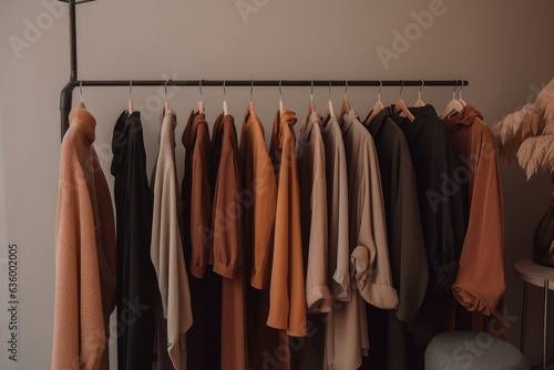 A simple black clothes rack in a boutique with stylish beautiful dresses.