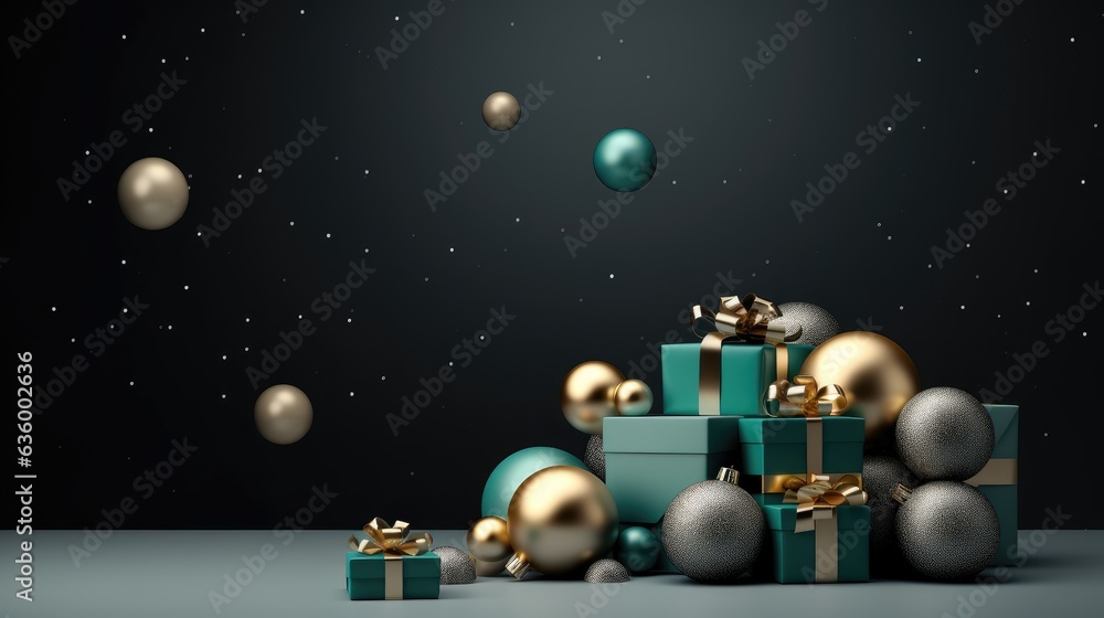 Christmas set decoration and ornament with gifts and balls on isolated green background. created with Generative AI technology Christmas set decoration and ornament with gifts and balls on isolated green background. created with Generative AI technology