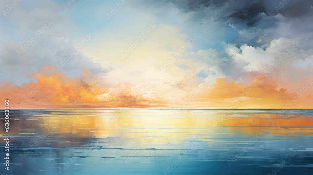 Acrylic interior abstract painting. The serene horizon with layers of vibrant colors blending into each other reflects the color field painting style, using large blocks of color.