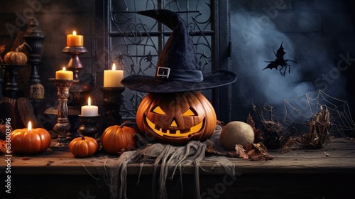 Halloween Still: Scary Decorated Dark Room with Table Covered in Spider Webs, Burning Pumpkin, Candlestick, Witch's Hat.