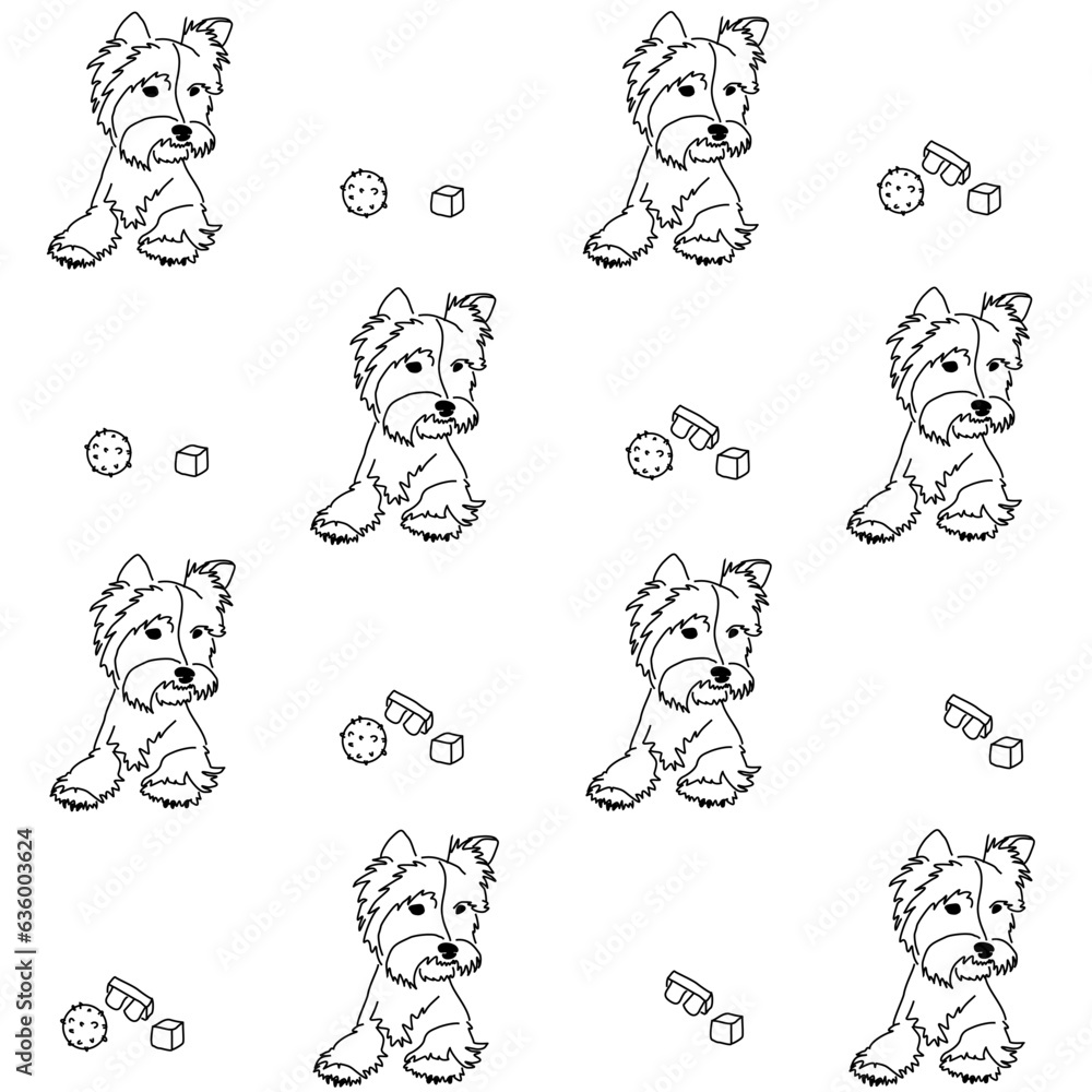 Pattern of puppies of the Yorkshire Terrier and accessories for them: booth, toys, ball Pattern of puppies of the Yorkshire Terrier and accessories for them: booth, toys, ball