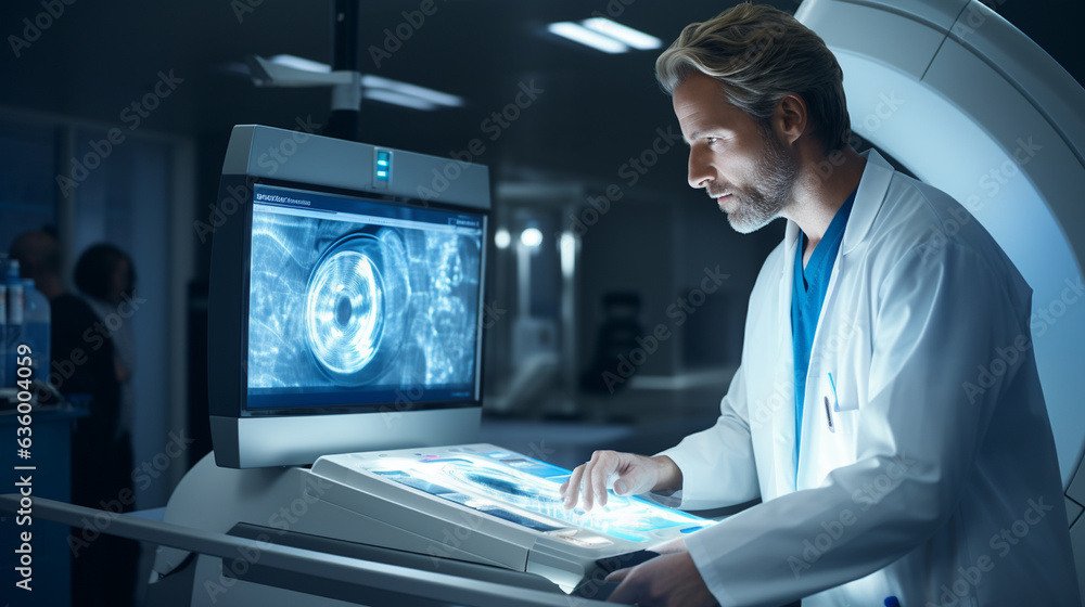 Advanced Imaging Techniques: Radiologist using advanced imaging technology like MRI or CT scan, highlighting the precision of diagnostic imaging 