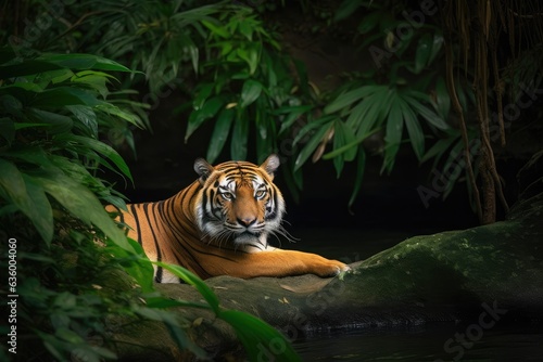 Majestic tiger rests in lush rainforest., generative IA