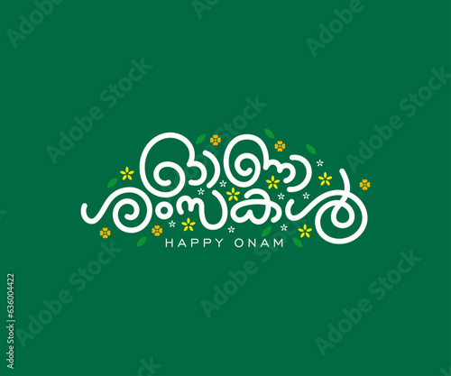 Kerala, Indian holiday. Happy Onam Malayalam lettering or typography illustration with flowers