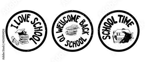Back to school retro groovy grunge stamps. Set of round compositions with text about returning to school and books with paint splashes. Perfect as stickers, printouts, tshirt graphic