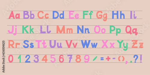 Pastel colored cut out kids alphabet on lined background. Childish typeface. Stylized isolated handmade characters. Funky typeset in flat papercraft style. Perfect for school kids lettering design