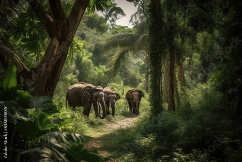Peaceful elephants among lush trees in the tropical jungle., generative IA