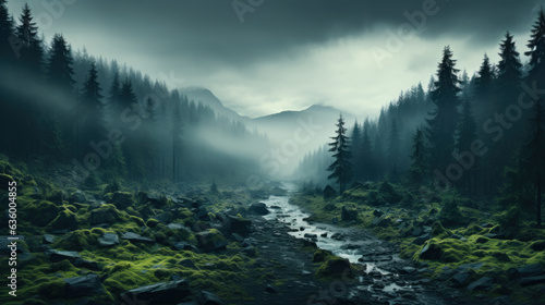 Amazing mystical fog forest landscape created with generative AI technology
