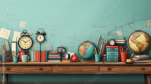 colorful classroom with world map and bookshelf