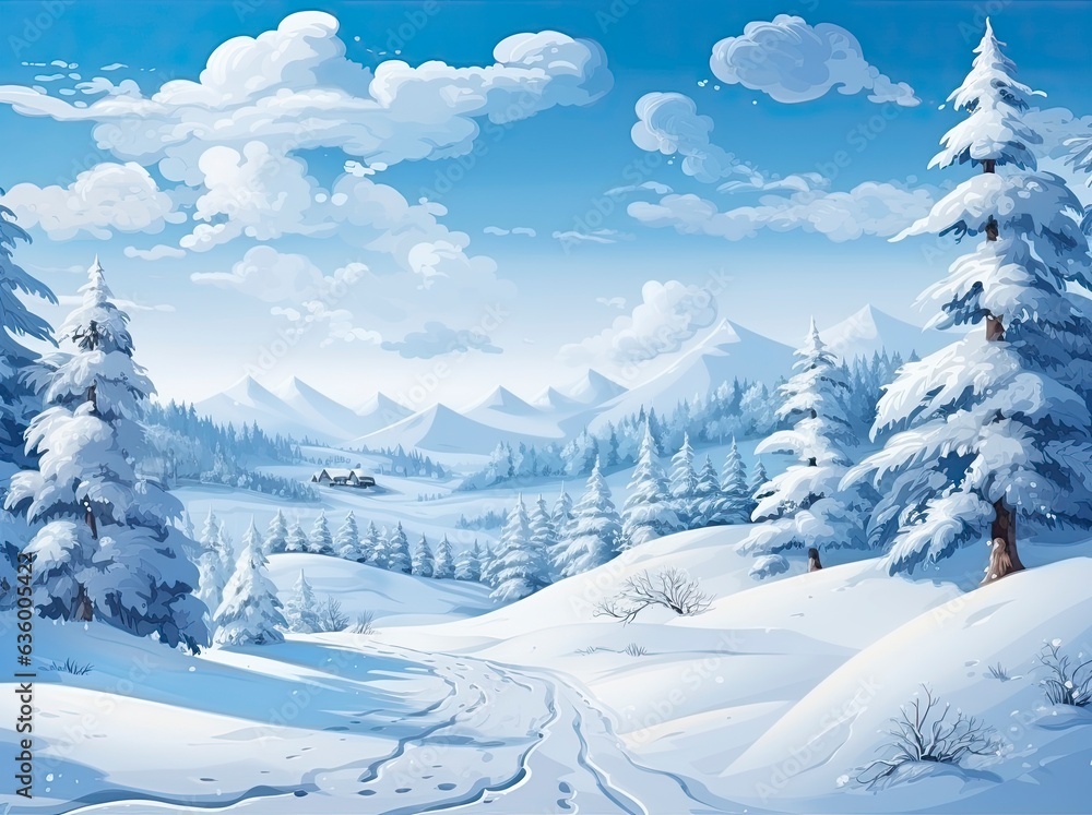 Winter landscape in anime style on a blue background.
