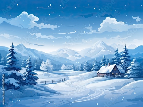 Winter landscape in anime style on a blue background. © Andrey