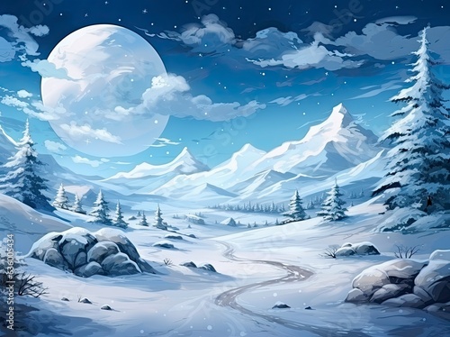 Winter landscape in anime style on a blue background. © Andrey