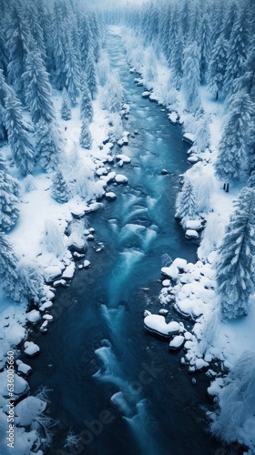 Snowy winter forest and river, top view taken by drone.