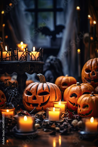 habitacion oscura con decoraciones de halloween sobre una mesa e iluminacion de velas en un candelabro. .Ilustracion de IA generativa photo