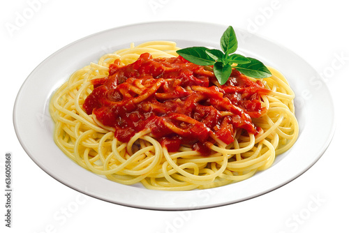 prato com espaguete ao molho de tomates frescos com manjericão isolado em fundo transparente - macarrão com molho sugo photo