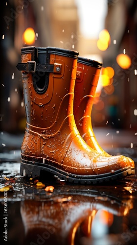 Orange rubber boots in the rain in autumn weather against the backdrop of the city.