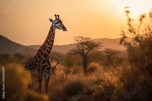 Elegant giraffe stretches through golden foliage on the savannah.  generative IA