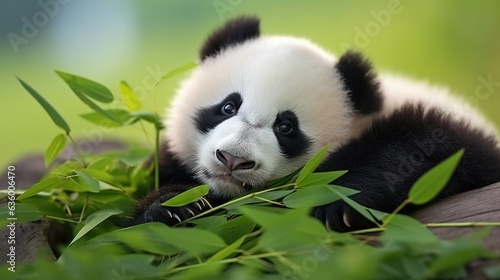  a small panda bear laying on top of a tree branch.  generative ai